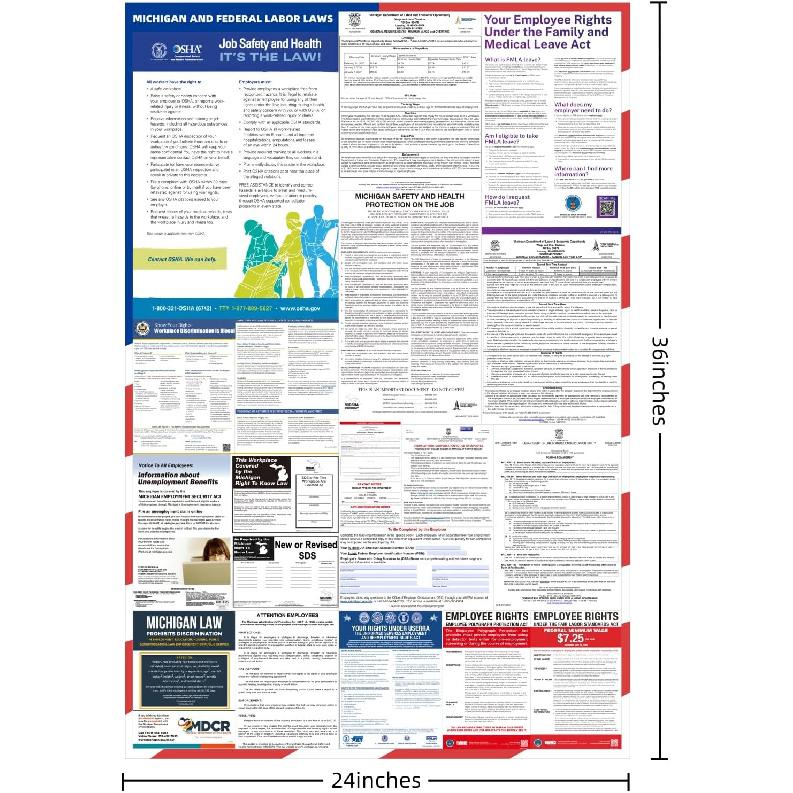 2026 Michigan State and Federal Labor Laws Poster - English Version - OSHA Workplace Compliant - UV Waterproof Laminated 24" x 36" - Mandatory
