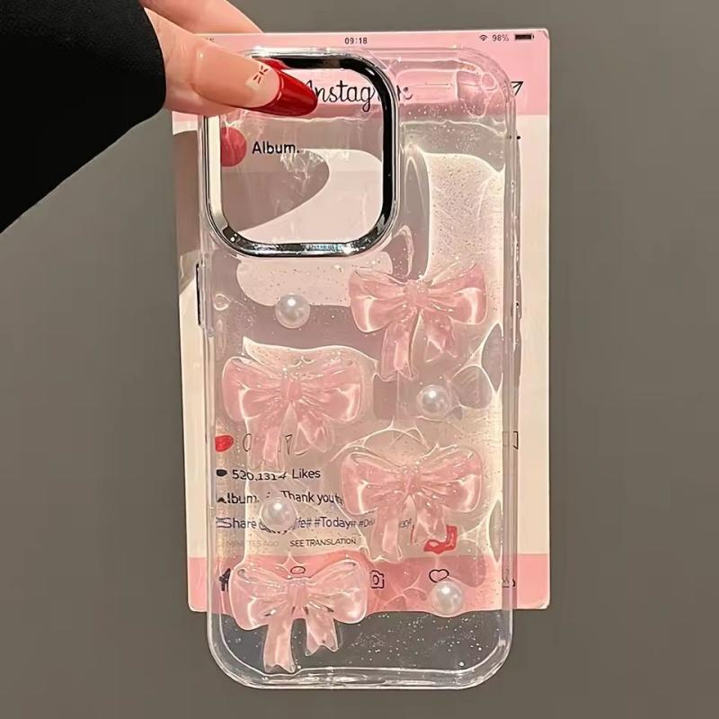 Милый 3D Розовый Бантик Жемчуг Блестки Чехол Для Телефона iPhone 16 15 14 13 12 11 Pro Max Plus Корейская Девушка Эпоксидный Прозрачный Мягкий Задний Чехол
