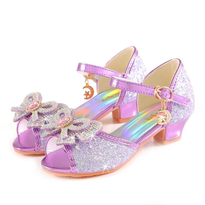 Summer Girls Sandals With Heel Fashion Rhinestone Shiny Glitter Shoes Children Princess Bowtie Pearl Dancing Shoe