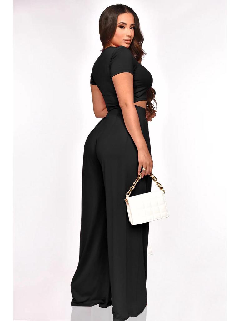 Crop Top & High Waist Loose Straight Leg Pants Set – Solid Color
