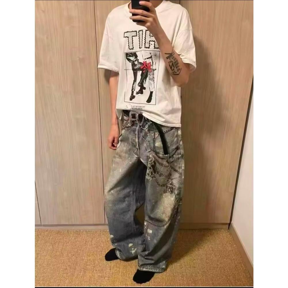 Новые мешковатые джинсы с 3D-принтом в виде цепочки для мужчин и женщин, повседневные мешковатые прямые джинсовые брюки, широкие джинсы Y2K