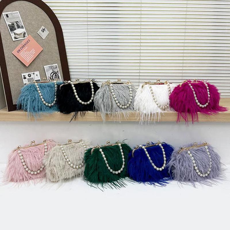 Furry Crossbody Bag with Pearl Handle Fashion Chain Plush Shoulder Bags for Women Soft Faux Fur Evening Party Purse