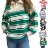 Ladies' Fashionable And Comfortable Half Zip Lapel Contrasting Loose Striped Knitted Top