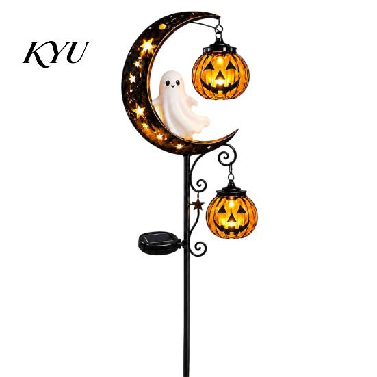 Decorative Stakes for Flower Beds Solar Halloween White Ghost Pumpkin Moon Garden Stake Light, Waterproof LED Glowing Landscape Lights Yard