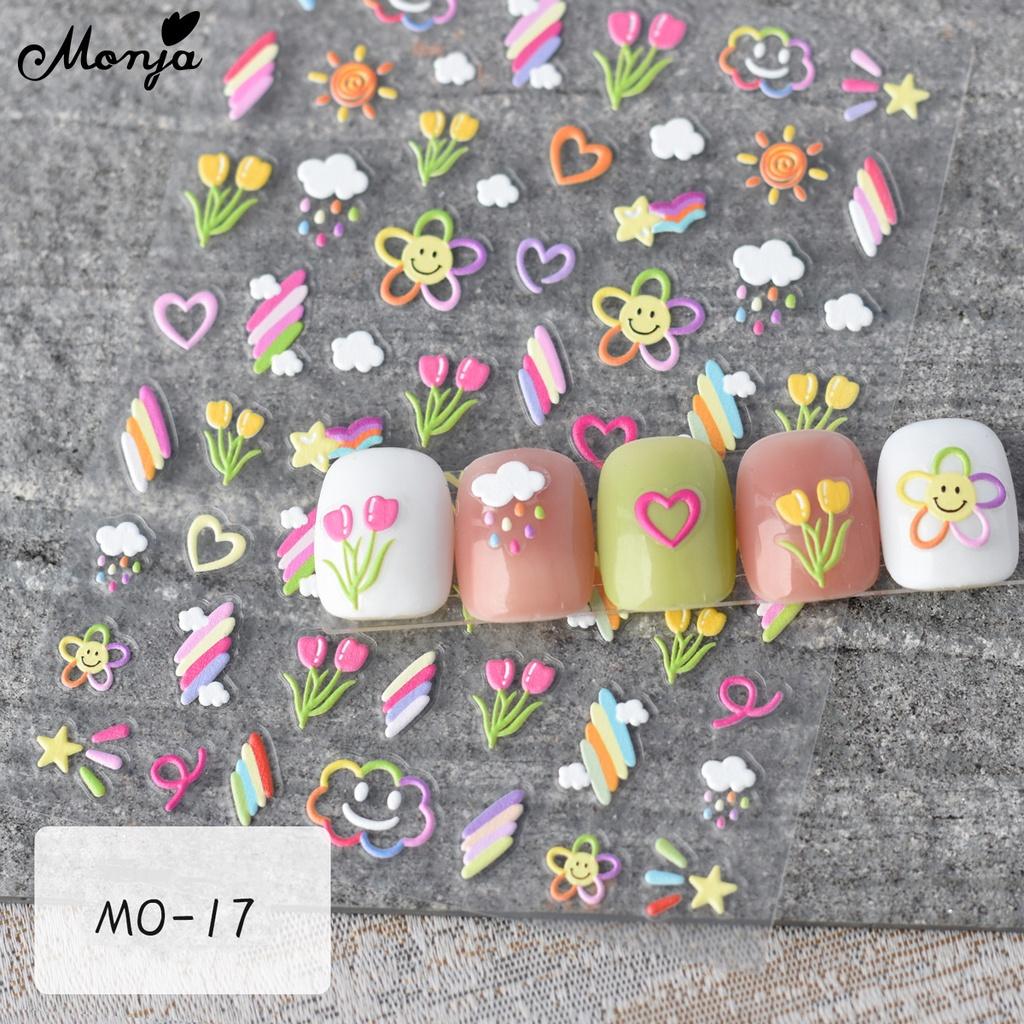 monja 6 вариантов 5D наклейки для ногтей Симпатичные тисненые цветочные серии Рельефы Клейкие наклейки Цветочный узор в виде листьев Аппликация «Белый кролик и облака»