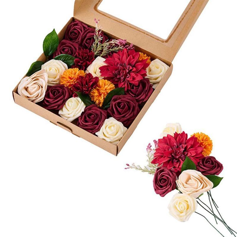 Искусственный георгин, роза, пион, комбинированный набор со стеблями для DIY, домашние свадебные композиции, вечеринка, свадебный букет, украшение для балкона, шелковая искусственная голова розы