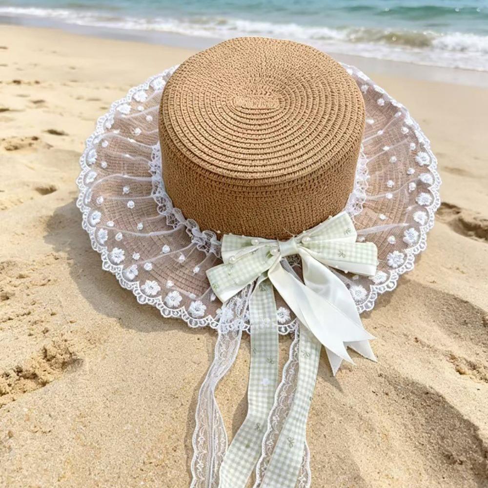 Flower Straw Hat Big Bowknot Wide Brim Hat Lolita Sun Protection Hat Seaside Vacation
