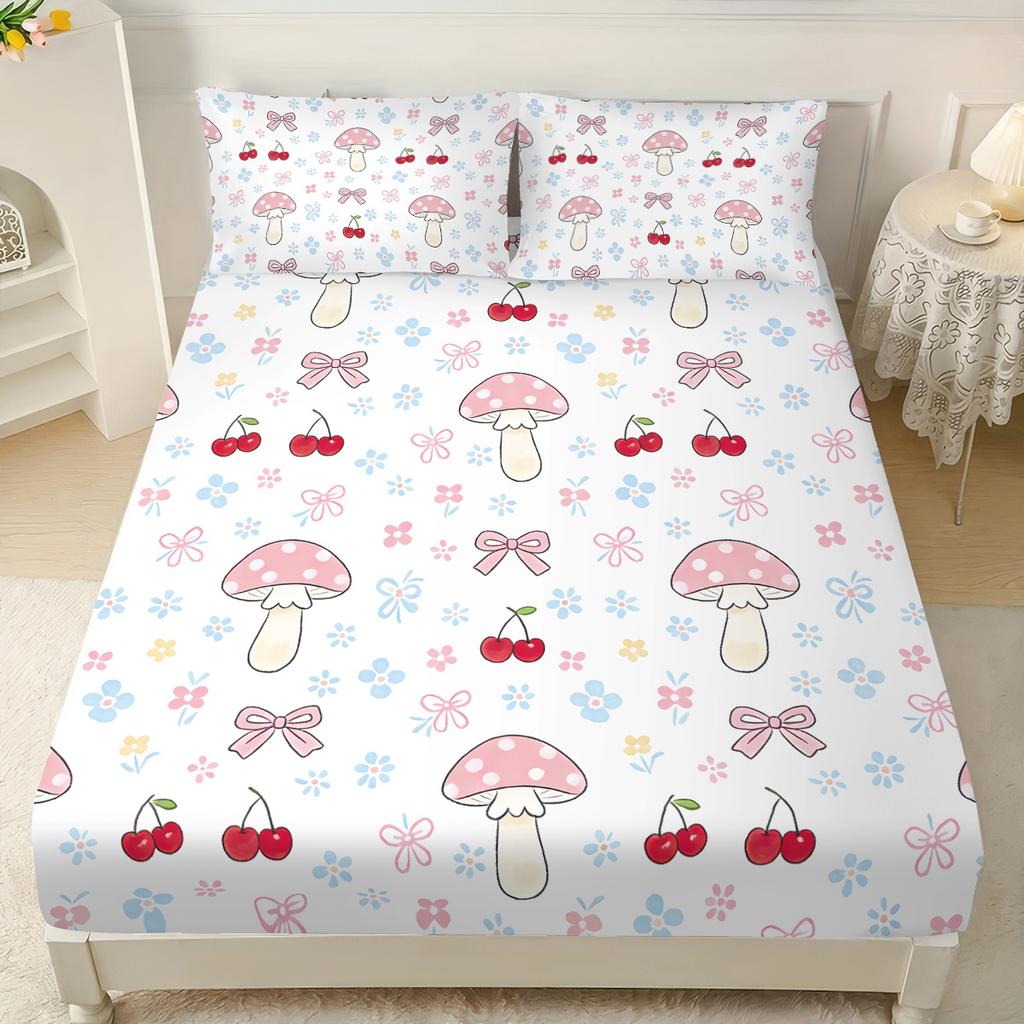 3pcs Color Cartoon Mushroom Print Coreless Bed Sheet Set, Multi Size Soft Bed Cover, Bedroom Bedding Decoration, Washable