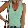 Summer New Europe and The United States Women's Buckle Knitted Undershirt Solid Color V-neck Sleeveless Blouse Female