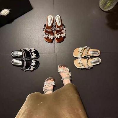 Женские летние новые универсальные модные шлепанцы с бантом из стразов для улицы, сандалии