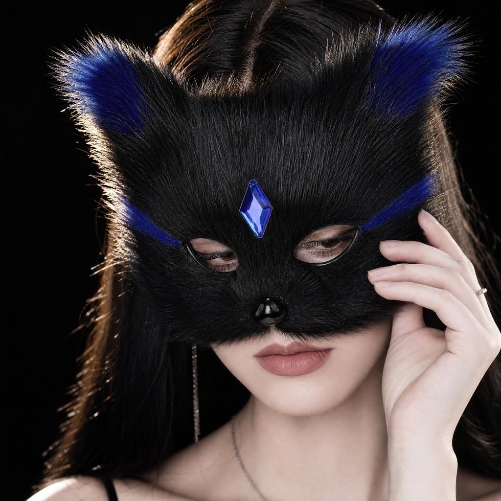 Jeweled Plush Half Face for Halloween Masquerade Ball Costume