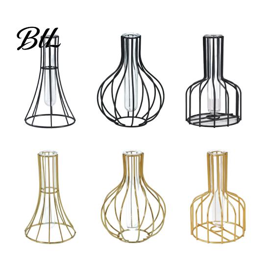 Narrow Mouth Flower Vase Decorative Glass with Metal Wire Stand Clear Test Tube Iron Desktop Art Frame for Hydroponic Plant Modern Container