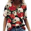 Skull Rose 3D Printed T-shirt for Women's Fashion V-neck Short Sleeve Tops