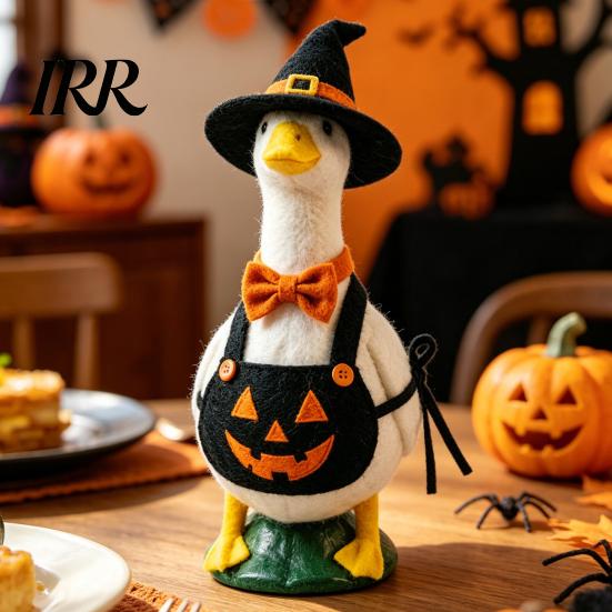 Whimsical Outdoor Decoration Halloween Mini Desk Goose Statue, Cute Small Figurine with Pumpkin Decor Apron And Wizard Hat for Home Office Table
