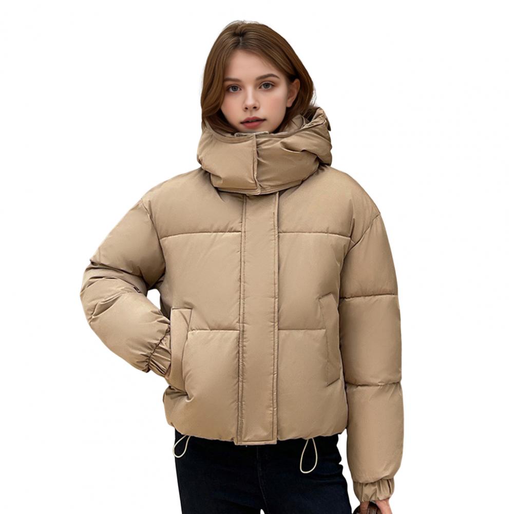 Winter Women Cotton Jacket Stand Collar with Hood Neck Short Type Pockets Zipper Closure Padded Coat Solid Color Wind