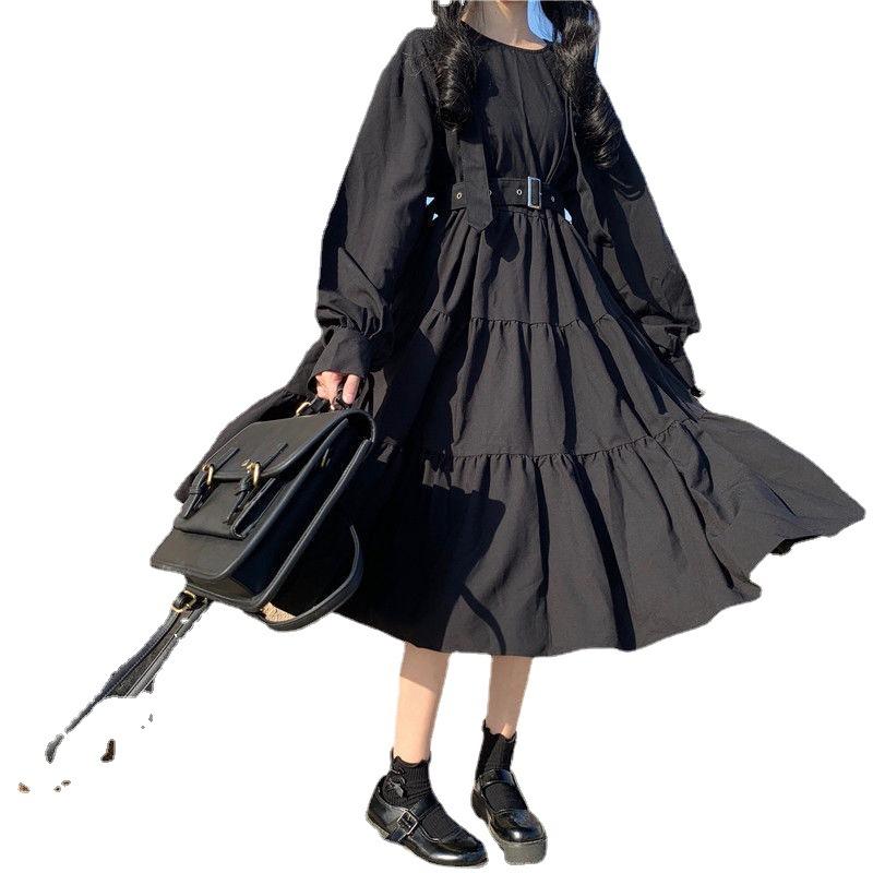 Милое японское платье в стиле Лолиты с длинными рукавами, большого размера, с высокой талией, черное платье-миди, утягивающее живот, плиссированная юбка-трапеция