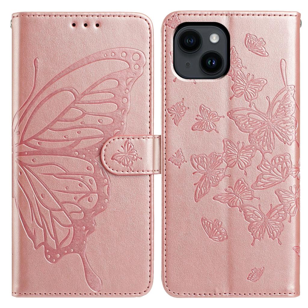 For iPhone 14 Case Butterfly Imprinted Wallet Stand PU Leather Flip Phone Cover with Strap