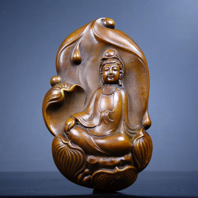 Chinese Boxwood Wood Carving Exquisite Kwan-yin Buddha Statue Ornament Art