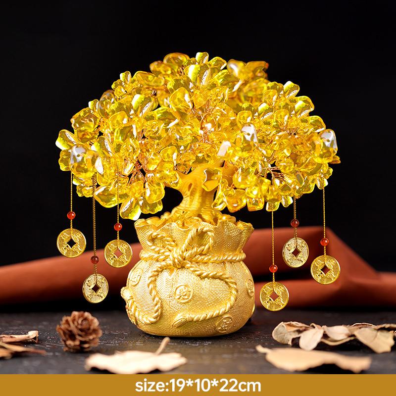 Золотое украшение в виде дерева удачи, желтое хрустальное денежное дерево, китайский фэн-шуй, украшение для дома и офиса, трясущееся дерево богатства, подарки на удачу