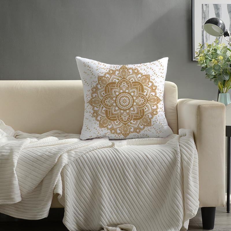 1Pc Gold Mandala Cushion Cover, Boho Intricate Floral Throw Pillow Case, Aesthetic Home Decor For Sofa Bedroom Living Room