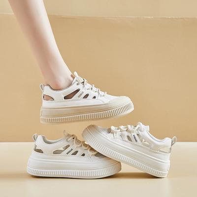 Женские летние повседневные кроссовки на платформе, дышащие полые прогулочные туфли из искусственной кожи для женщин, нескользящая теннисная спортивная обувь на шнуровке, кроссовки для бега
