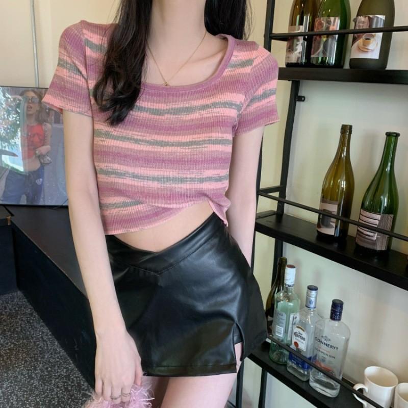 Вязаный топ с квадратным вырезом и короткими рукавами для женщин, летний, облегающий, шикарный, нишевый, короткий, трендовый, повседневный, летний базовый, комфорт и стиль, облегающий крой, пуловеры, футболки