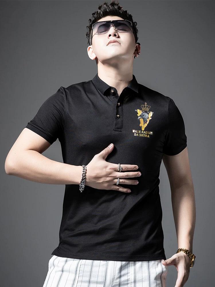 European New 2025 Men's Polo Shirt Short-Sleeve T-Shirt Trendy Brand Rhinestone Men's Casual Polo Top Summer