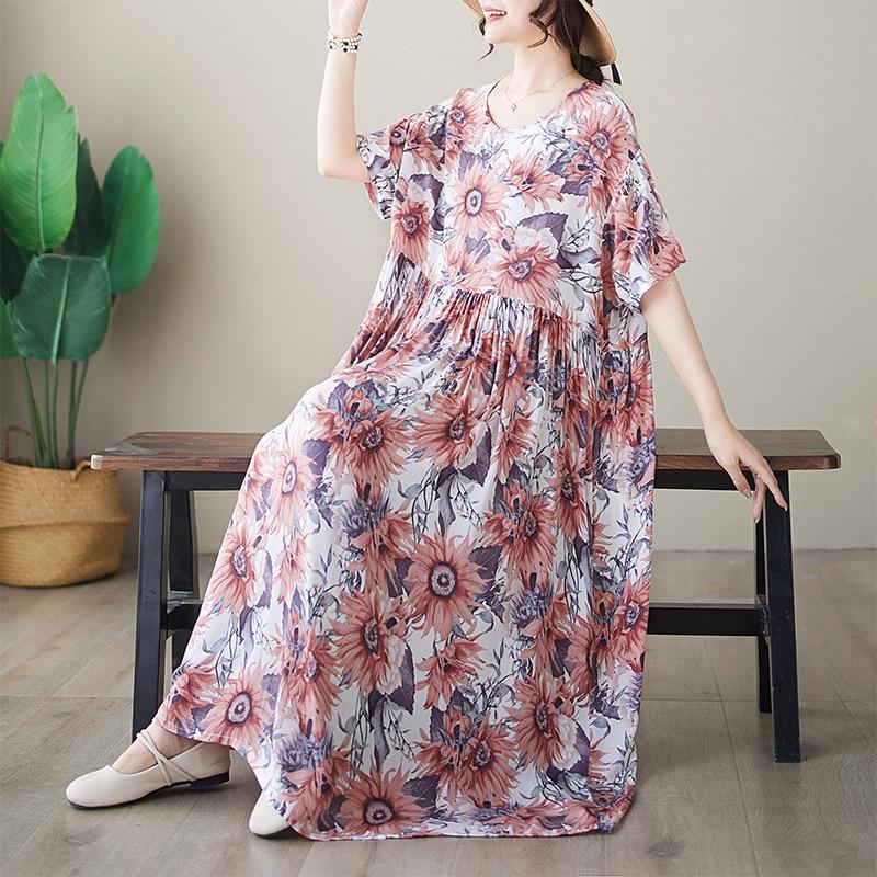 Простое модное длинное платье с летним принтом и короткими рукавами и круглым вырезом