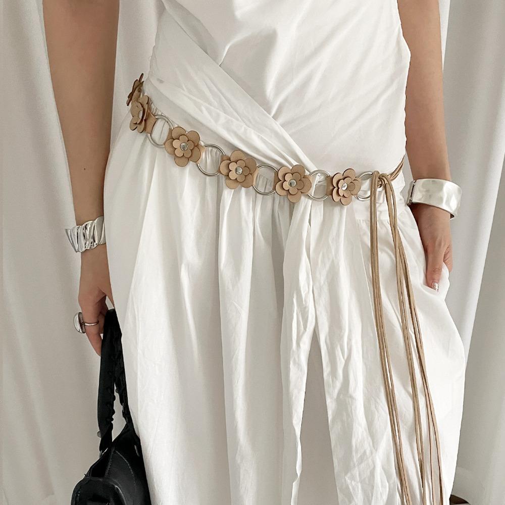 Double Small Flowers PU Leather Belt Adjustable Strap Waist Rope New Waistchain  Women Girls