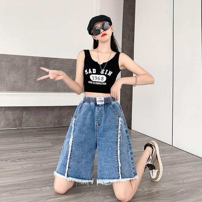 Шорты из искусственного денима, женские укороченные шорты, летние, тонкие, широкие, прямые, свободные, с узкой талией, с высокой талией, для студенток, повседневные