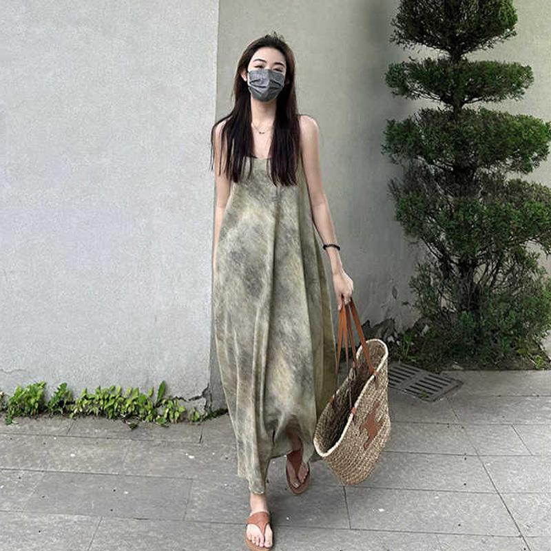 Платье с бретелькой на бретельках с цветочным принтом, женское весеннее и летнее пляжное платье в стиле французского ретро в стиле отпуска, свободное тонкое длинное платье