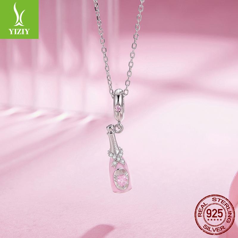 Romantic Pink Champagne S925 Sterling Silver Pendant Accessories Sweet Cool Versatile Diy Charm Beads