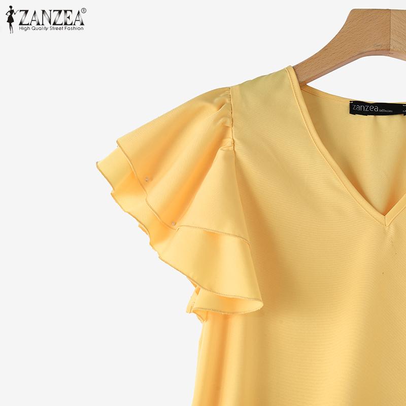 ZANZEA Женская повседневная летняя блузка с v-образным вырезом и оборками с короткими рукавами