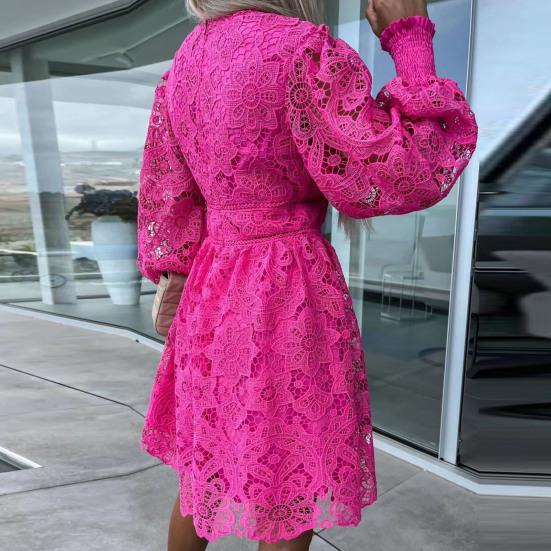 Женское осеннее платье, кружевное ажурное трапециевидное платье со свободным подолом, v-образным вырезом и длинным рукавом, однотонное женское платье миди длиной до колена