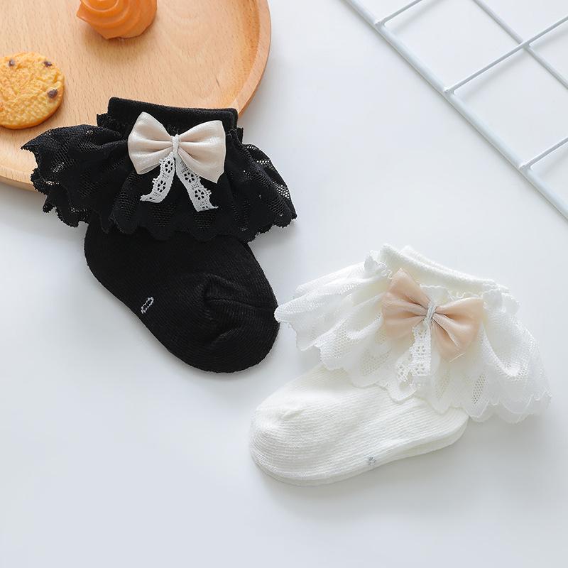 Princess Baby Lace Ruffle Socks Spring Summer Toddler Short Sock Solid Color Infants Girls Bow Socks 6-36M Kids Cotton Footwear