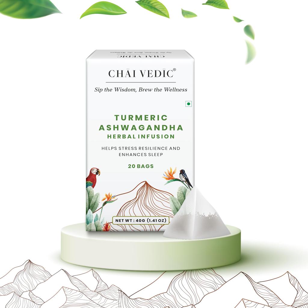 Chai Vedic Turmeric Ashwagandha Herbal Infusion Tea | 20 Tea Bags | Tea Powder
