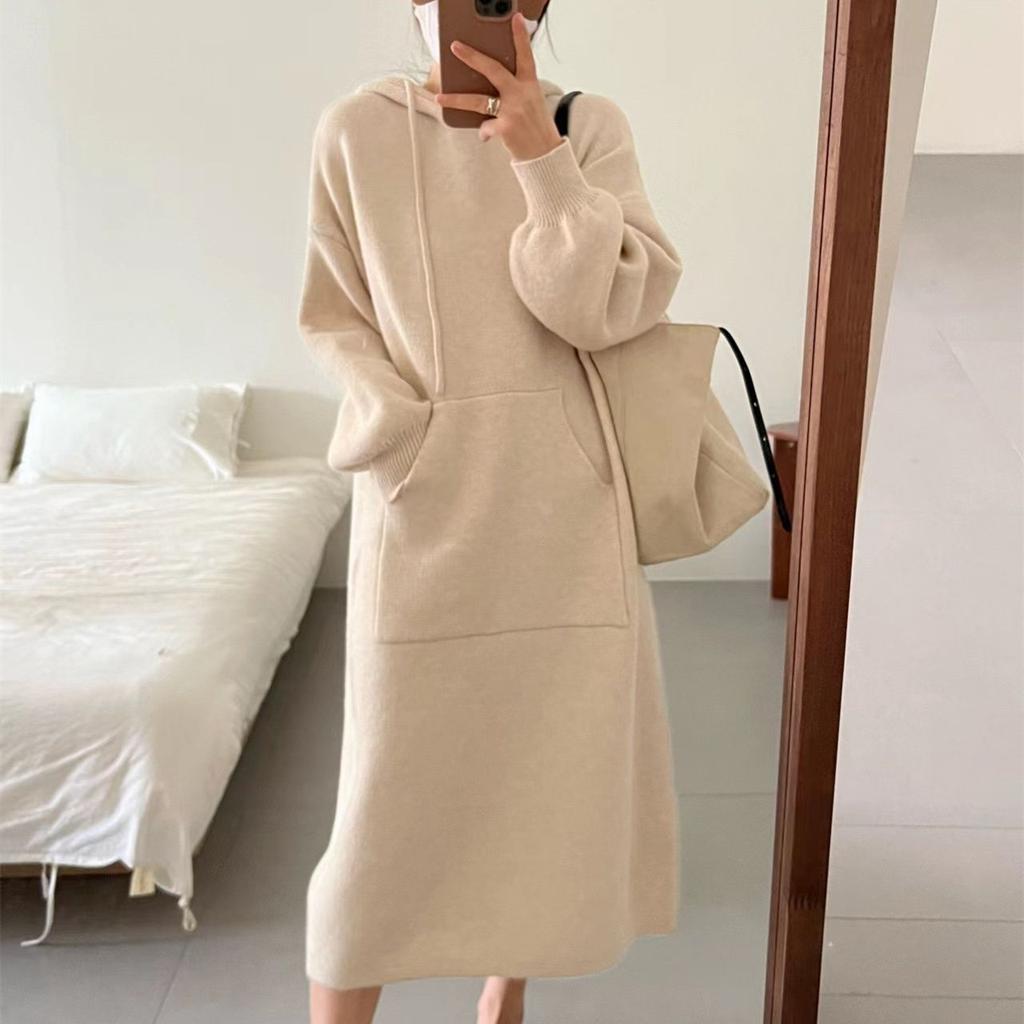 Autumn and Winter Women's Sweatshirt Dress Mid-Length Hooded Knit Dresses Fashion Casual Sweatshirt Pockets French Plus Size Sweater Dresses