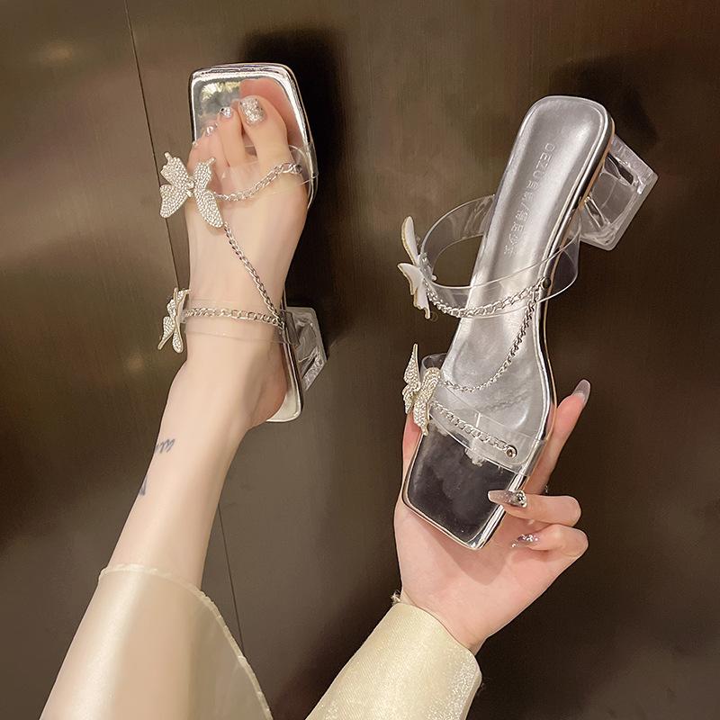 Female Shoes Square Toe Modern Women's Slippers Outdoor Dress Slippers Women Chain Crystal Butterfly Square Heel Sandals