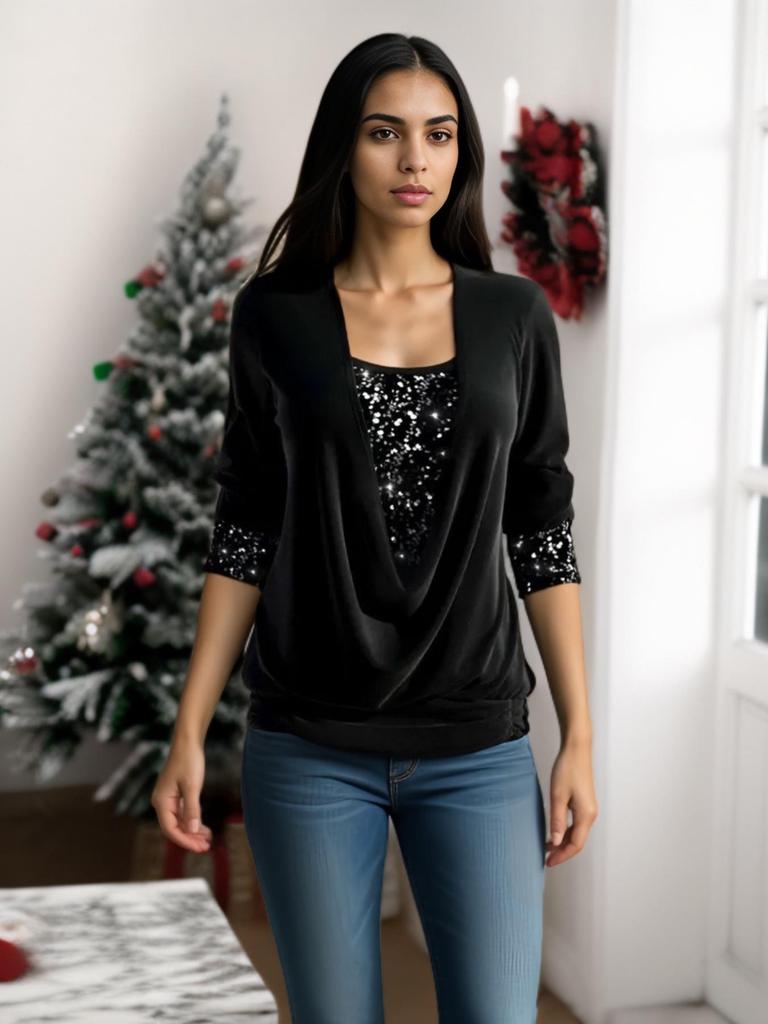 "2024 Autumn Sequined Long-Sleeve Women's Top with Drop Collar and Loose Pleated Design"