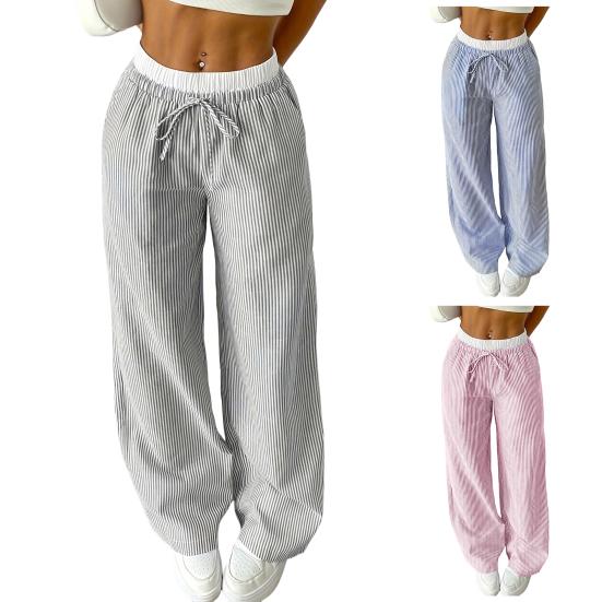 Женские брюки, повседневные брюки с широкими штанинами, эластичный пояс, регулируемый шнурок, полосатый дизайн