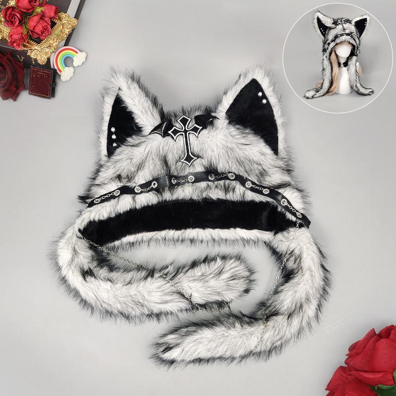 Готическая ручная работа Средневековый крест Пушистая шапка Женская панк Волк Кошачьи уши Плюшевый головной убор Готическая тьма Реквизит для косплея Ветрозащитные Горро