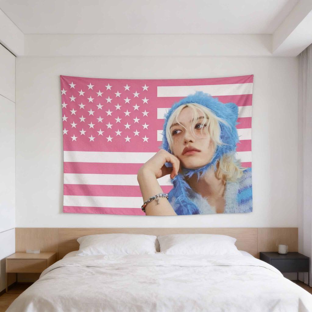 1pc Felix Music Album Flag Tapestry Pink American Flag Design with Blue AccentsCharacter Art Kpop Idol Wall Hanging for Room
