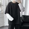 Men T-shirt Fake Two Piece Round Neck Long Sleeve Contrast Color Pullover Spring Loose Patchwork Bottoming Shirt Streetwear