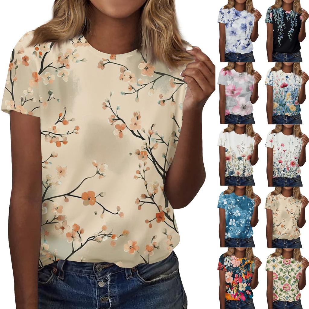 Women's Fashion Casual Printed Round Neck Short Sleeved T-Shirt Top T-Shirt Top Top