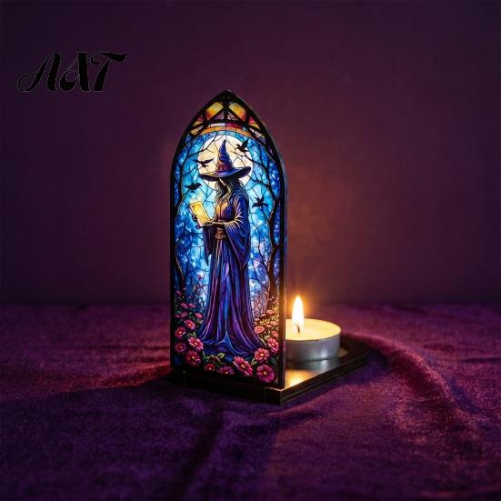 Vintage Church Window Light Halloween Candle Holder, Gothic Stained Glass Style Holder Retro Spooky Candlestick, Tabletop Atmosphere Ornament for Home