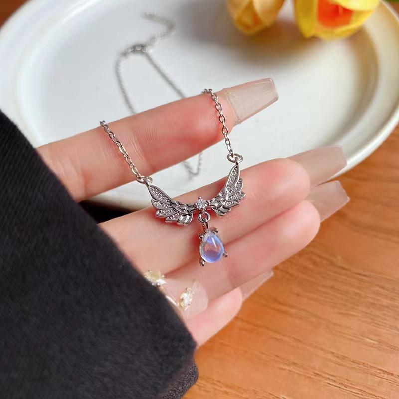Moonstone Angel Wings Drop Love Necklace for Women Light Luxury Niche Design Fashion