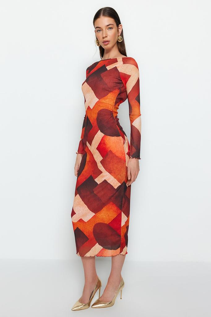 Women's Fashion New Dress Multi-Colored Special Textured Fitted Back Detailed Maxi Flexible Knitted Pencil Dress