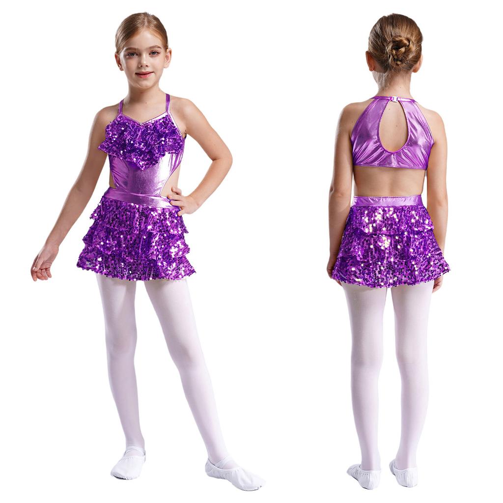 Girls V Neck Sleeveless Dance Dress Tiered Ruffle Sequins Cutout Back Stage Performance Costume