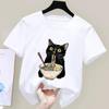 Футболка с кошкой и раменом для любителей еды, черная кошка, лапша, детские футболки, ретро, повседневная, с коротким рукавом, одежда для девочек и мальчиков