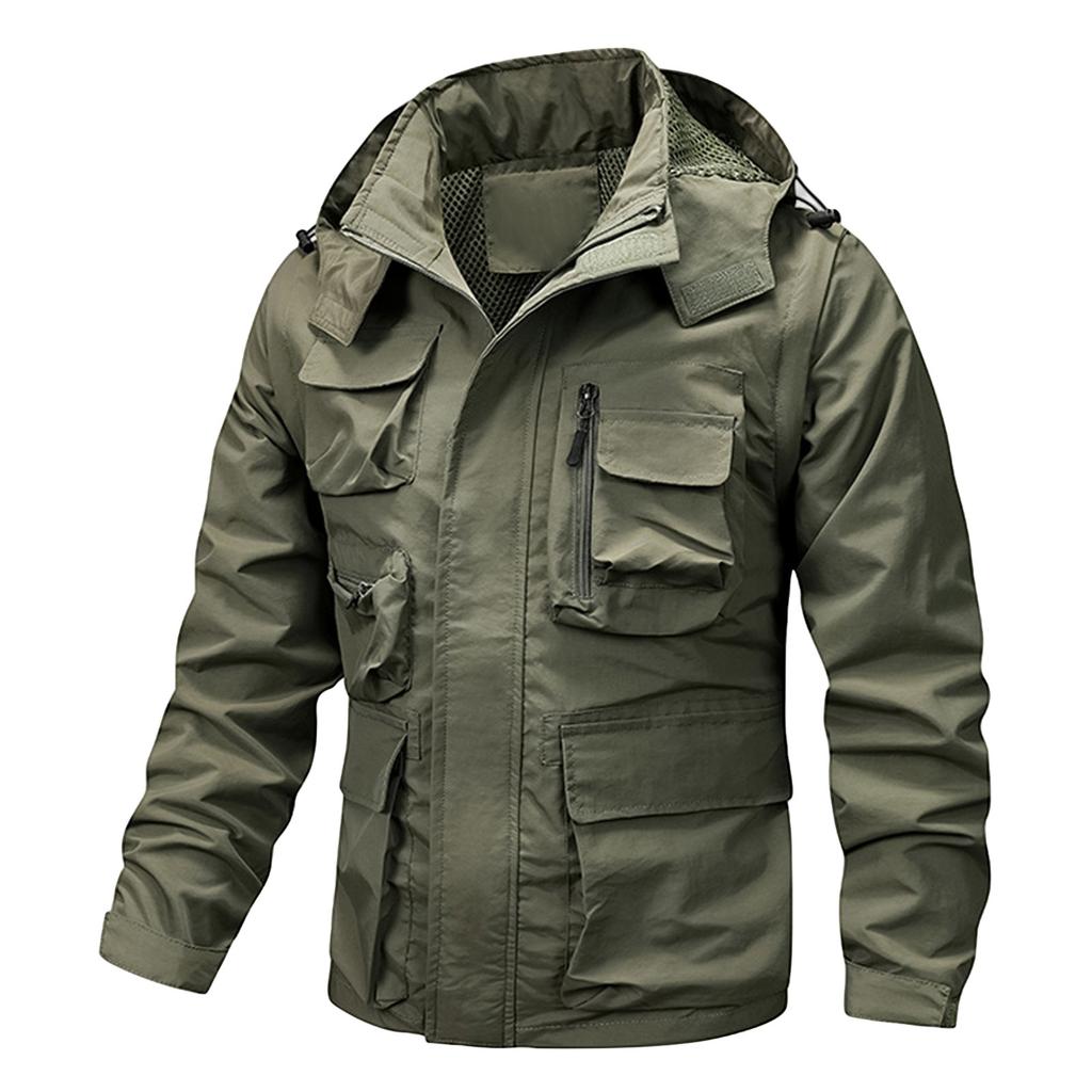 Men's Solid Color Detachable Outdoor Workwear Casual Loose Zipper Pocket Long Sleeve Jacket